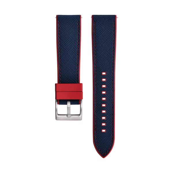 Saffiano Leder / Kautschuk Hybrid Performance Uhrenarmband - Blau/Rot