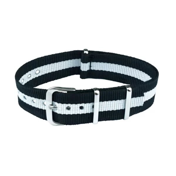 Nylon Uhrenarmband - 3 Streifen - Schwarz/Weiß