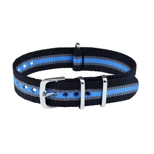 Nylon Uhrenarmband - 5 Streifen - Schwarz/Hellblau