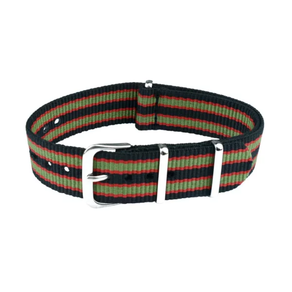 Nylon Uhrenarmband - 9 Streifen - Schwarz/Grün/Rot