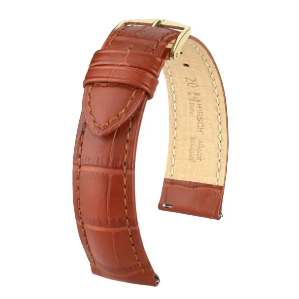 HIRSCH Duke - Leder-Uhrenarmband mit Alligatorprägung - Goldbraun – Bild 4